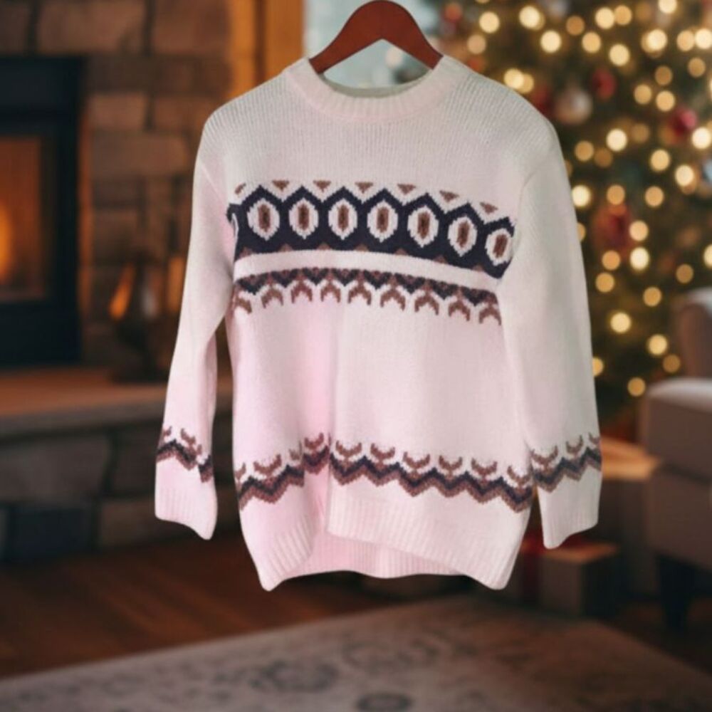H:Connect Ivory Geometric Fair Isle Pullover Sweater Size S